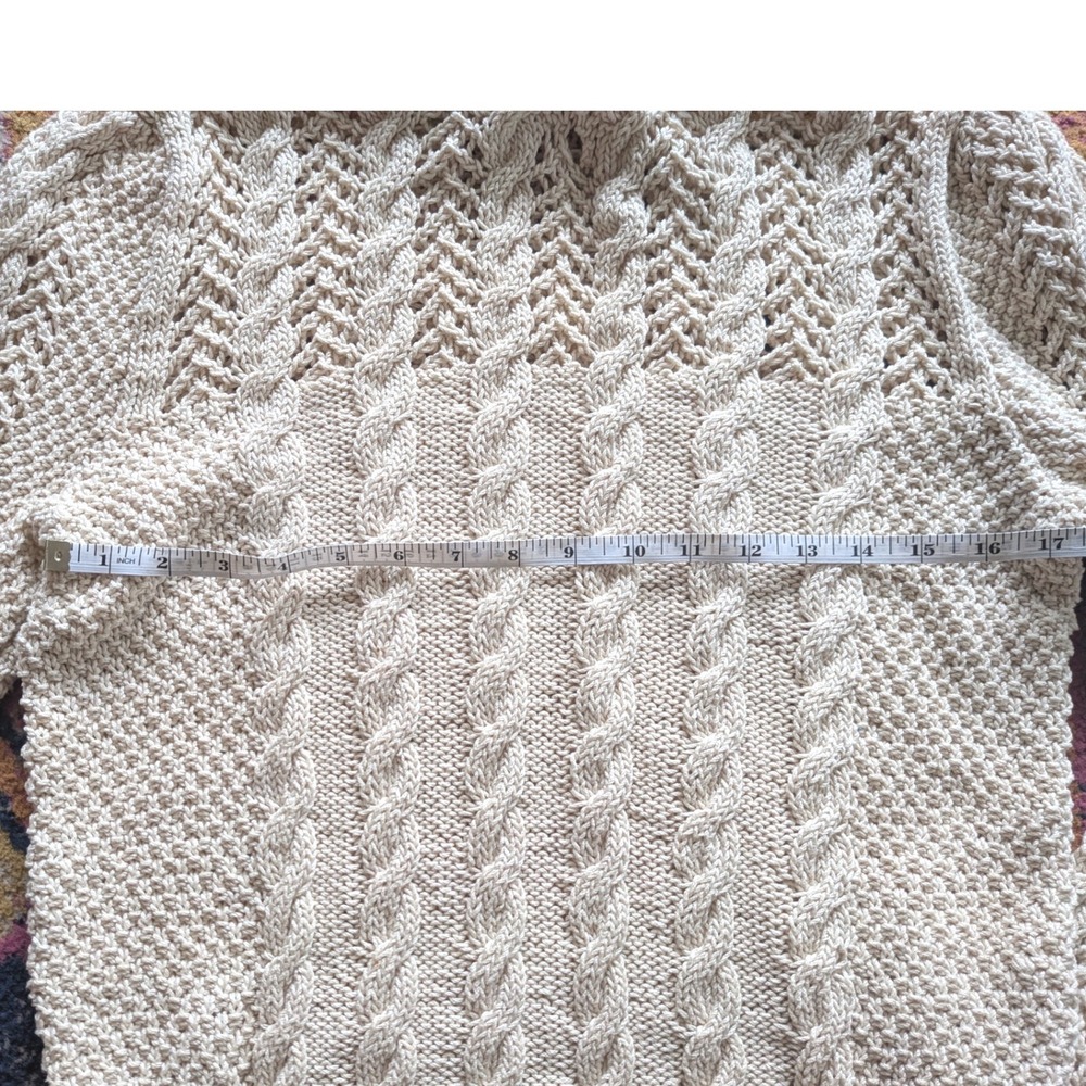 VTG Handmade Cream Cable Knit Ruffle Neck Sweater Pointelle Fisherman Regency S - Picture 5 of 6